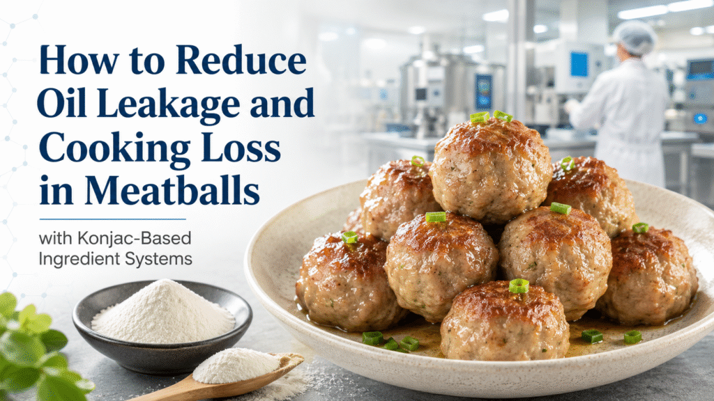 Cooked meatballs with konjac-based ingredient powder for reducing oil leakage and cooking loss